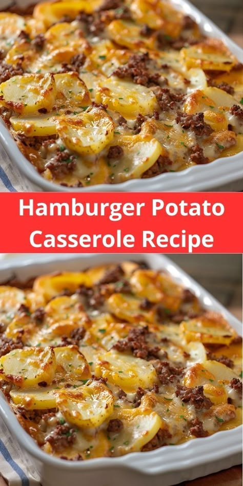 Delicious hamburger potato casserole. Ground beef, creamy potatoes, melted cheese. Easy to make. Hamburger Potato Casserole, Hamburger And Potatoes, Chicken Honey, Ground Beef Casserole Recipes, Ground Beef And Potatoes, Easy Hamburger, Hamburger Casserole, Potatoe Casserole Recipes, Beef Casserole Recipes