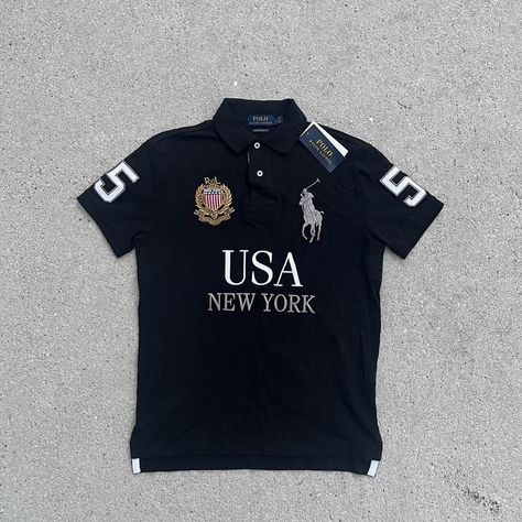 Polo Ralph Lauren Big Pony New York USA Custom Slim... - Depop Chief Keef Polo, Raph Lauren, Ralph Lauren New York, New York Outfit, Ralph Lauren Menswear, Chief Keef, Money Tree, Black Polo Shirt, Spend Money