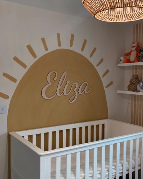 Sun Accent Wall Nursery, Sun Painted Behind Crib, Painted Sun In Nursery, Sun Nursery Mural, Sun Painted On Wall Nursery, Half Sun Nursery Wall, Sun Wall Mural Nursery, Nursery With Sun Wall, Sun Behind Crib