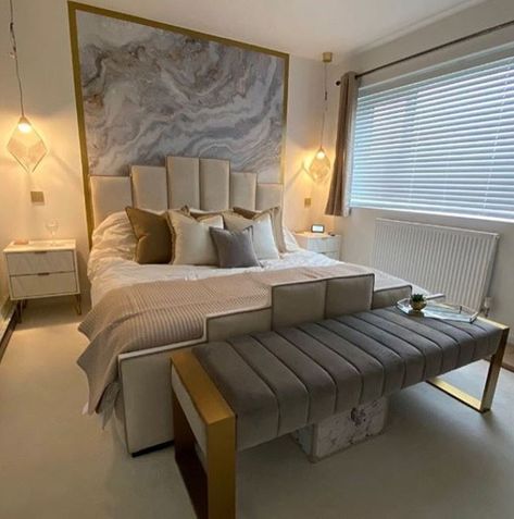 Grey And Gold Decor, Grey White Gold Bedroom Ideas, Marble Accent Wall Bedroom, Brown Gold Bedroom, Grey Tan And Gold Bedroom, Grey Beige And Wood Bedroom, White Gold Brown Bedroom, Gold Silver Bedroom, Light Gray And Gold Bedroom