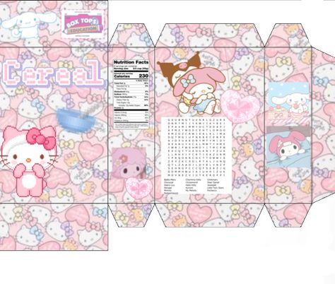 Cute cereal box template! You can print it and use it for whatever you want :) Sanrio Milk Carton Template, Paper Box Template Sanrio, Box Template Sanrio, Sticker Box Template Printable, My Melody Box Template, Cute Box Printable, Anime Box Template, Sanrio Cereal Box Template, Sanrio Packaging Template