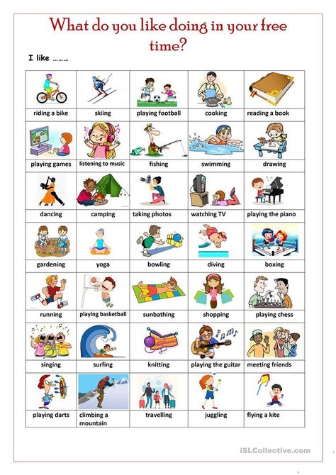 Hobbies - English Esl Worksheets For Distance Learning And Physical Classrooms Freetime Activities, Speaking Activity, Free Time Activities, English Activities For Kids, Hobbies For Kids, Learning English For Kids, Grammar Practice, English Worksheets For Kids, Kids English