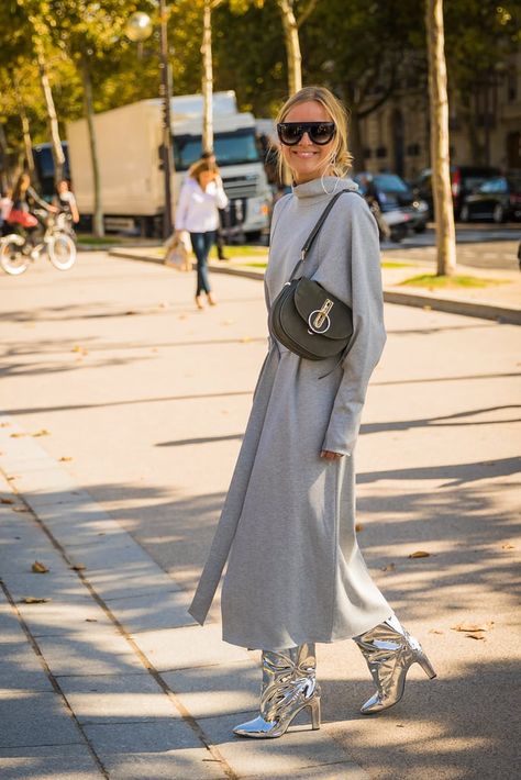 The flash of silver boots in this look is killer. Metallic Boots Outfit, Silver Shoes Outfit, Metallic Boots, Silver Boots, Paris Fashion Week Street Style, Popsugar Fashion, Spring Street Style, Hottest Fashion Trends, Street Style Inspiration