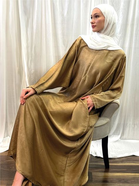 Satin Modest Dress, Gold Satin Dress, Sports Hijab, Draped Sleeves, Jersey Hijab, Hijab Trends, Trends For 2024, Modest Dress, Modesty Fashion