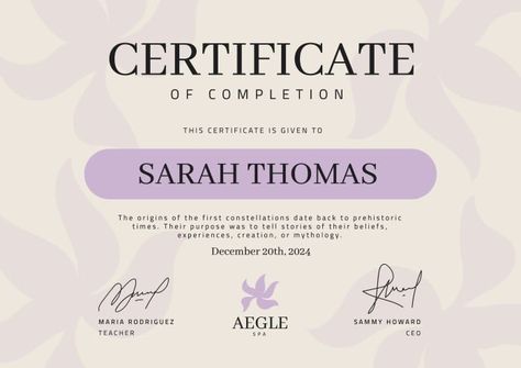 Cute Aesthetic Aegle Spa Professional Massage Completion Certificate Certificate Design Aesthetic, Certificates Template, Completion Certificate, Professional Massage, Certificate Of Completion, Certificate Design, Brand Kit, Editing Tools, Used Tools