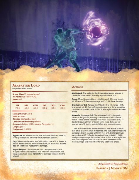 Monster: Alabaster Lord, a Warrior Wielding Gravity (Elden Ring to 5e Conversion) : UnearthedArcana Elden Ring Dnd Homebrew, Elden Ring Dnd 5e, Dnd Statblocks, 5e Monsters, Dnd Npc, Monster Manual, Dnd Stats, Dragons 5e, Dnd Homebrew