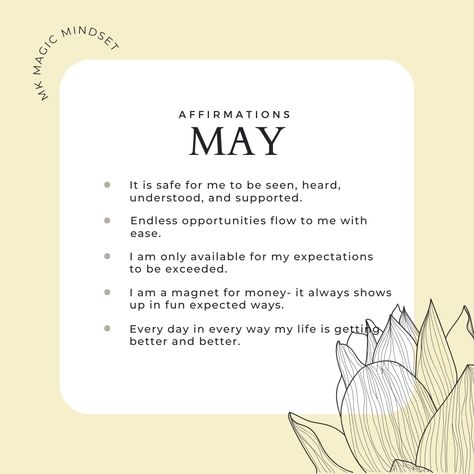 Here are some affirmations to play around with this month. Let me know your favorite(s). #mkmagicmindset #affirmationsoftheday #affirmationoftheday #monthlyaffirmation #affirmationpositive #positiveaffirmations May Affirmations, Monthly Affirmations, Sister Circle, Affirmation Of The Day, Affirmations For Happiness, Journal Diary, Scrapbook Ideas, Journal Ideas, The Words