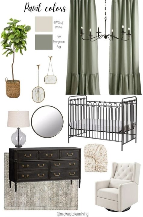 beautiful farmhouse vintage-inspired nursery for baby girl! baby girl nursery, baby girl room, baby room nursery decor, nursery inspiration, floral rug, green nursery, sage nursery, neutral nursery, farmhouse nursery, metal crib, black crib, vintage crib, nursery light, fig tree, evergreen fog, shoji white, nursery curtain, little girl room, cottage nursery, elegant nursery, capiz decor, whimsical nursery, whimsical nursery decor Green Furniture Nursery, Black White And Green Nursery, Sage Green And Black Nursery, Girl Nursery Black Crib, Sage Green Nursery Girl, Green And Gold Nursery, Green Girls Nursery, Green Baby Girl Nursery, Green And White Nursery