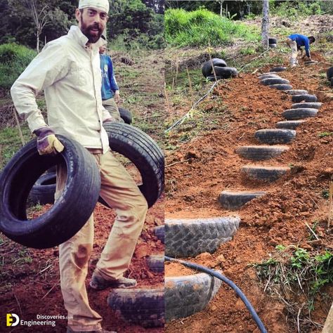 Brilliant Way To Reuse And Recycle Old Tires | Engineering Discoveries Ecosystem Design, Steep Gardens, Tire Steps, Outdoor Path, Small Patio Garden, Waste Material, Reuse And Recycle, Outdoor Steps, Tyres Recycle