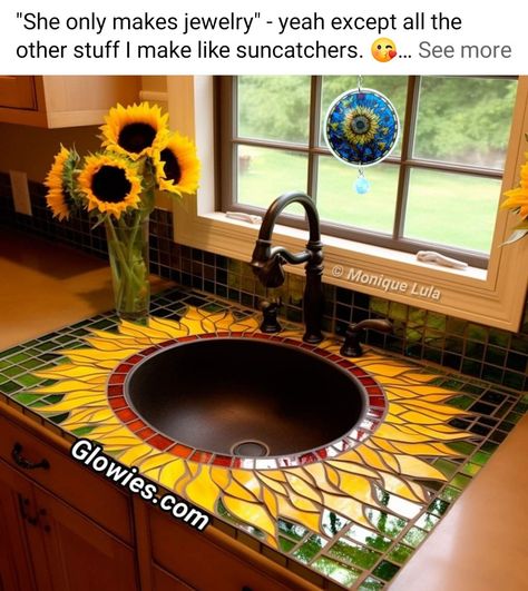 Mosaic Sink, Sunflower Mosaic, Sunflower Home Decor, Sunflower Kitchen Decor, Glow Jewelry, Sunflower Kitchen, Straw Bale, Small Kitchen Decor, Sunflower Decor