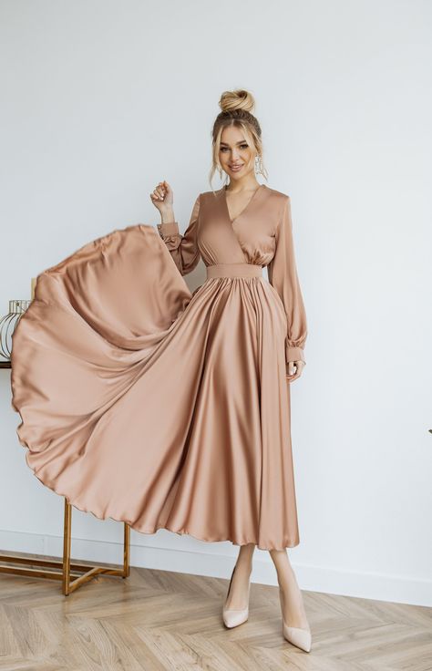 Fabric: faux silk Viscose 35%, Polyester 35%, Cotton 20% Nylon 10% V-neck Long sleeve Puffed sleeve Accordion pleat Maxi length Beige Dress Outfit Wedding, Silk Dress Photoshoot, Modest Wedding Guest Dress, Beige Silk Dress, Women Nightwear Dresses, Night Wear Dress, Wrap Front Top, Wrap Front Dress, Aesthetic Content