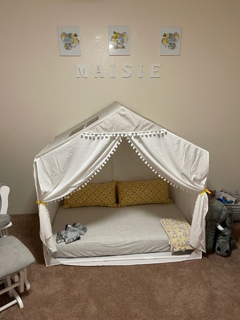 Large play tent from Amazon + toddler mattress Floor Bed Bumpers Diy, Crib Matress Ideas, Tent Floor Bed, Crib To Floor Bed Diy, Toddler Mattress On Floor, Mattress On Floor Ideas Kids, Floor Bed Ideas Small Spaces, Twin Bed On Floor Ideas, Matress Ideas Floor