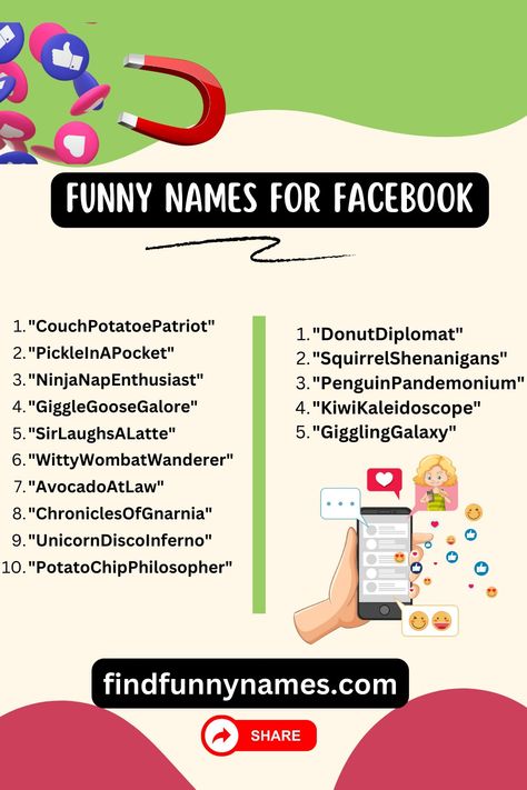 Introducing a hilarious compilation of Funny Names for Facebook! This comprehensive list is packed with creative and entertaining FB name ideas that are sure to make your profile stand out. Whether you're looking to add a touch of humor to your online persona or simply want to bring a smile to your friends' faces, these funny Facebook names are perfect for injecting some fun into your social media presence. #fbnames #socialmedianames #facebooknames #namesideas Facebook Names Ideas Social Media, Fb Name Ideas, Facebook Names Ideas, Names For Facebook, Facebook Ideas, Meme Names, Funny Facebook, Code Names, Funny Names