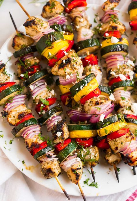 Chicken Kabob with Vegetables – WellPlated.com Kebab Marinade, Shish Kabobs Marinade, Chicken Shish Kabobs, Shishkabobs Recipe, Kabob Marinade, Greek Chicken Kabobs, Braised Chicken Breast, Chicken Kabob Recipes, Grilled Chicken Kabobs