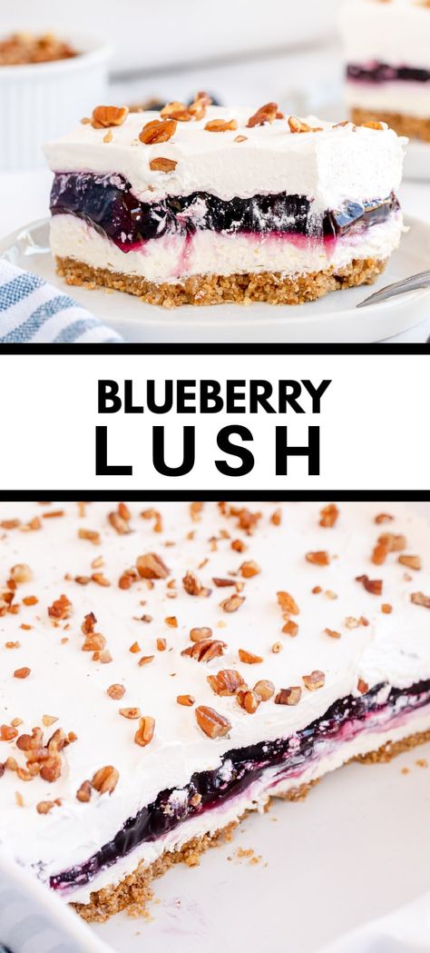 Easy Pan Dessert Recipes, Light Blueberry Desserts, Blueberry Fluff Dessert Cool Whip, One Pan Desserts Easy, Blueberry Dessert Ideas, No Bake Fruit Desserts, Blueberry Lush Dessert, Blueberry Layered Dessert, Blueberry Cream Cheese Dessert