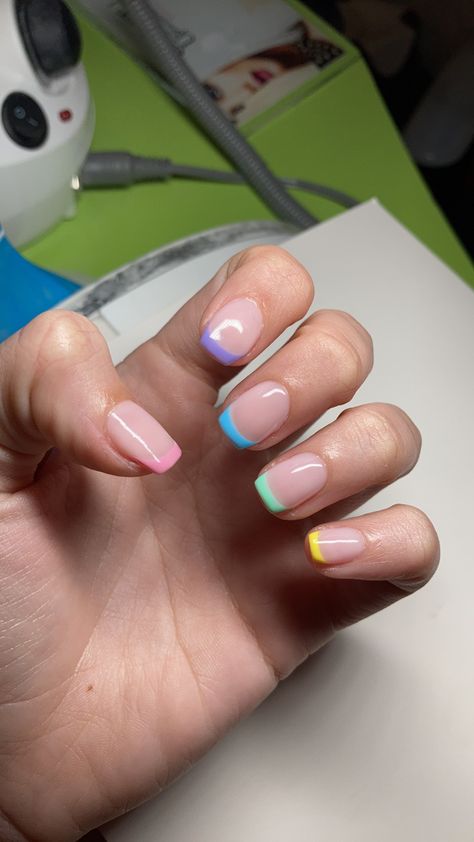 Partial French Tip Nails, Multicolored French Tip Nails, Bright French Tip Nails, Pastel French Manicure, French Manicure Short, French Manicure Short Nails, Manicure Short Nails, Colored French Nails, Manicure Short