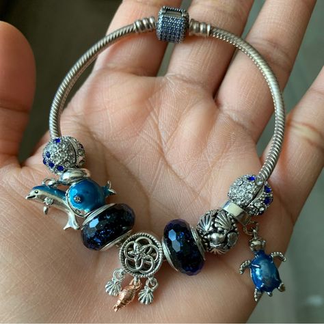 Pandora Royal Blue Sparkling Pave Barrel Clasp Bracelet With 9 Charms Summer Fashion Dolphin Whale Turtle Starfish Shell Blue Theme Charms Jewelry Bracelet Is Authentic Pandora Royal Blue Sparkling Pave Barrel Clasp Snake Chain Bracelet (Last Photo Shown Style Of The Bracelet Without Charms). Sterling Silver 925. Bracelet Is In Good Condition, Please Review Photos For Details And Condition. Charms Are Non Brand Charms That I Placed On The Bracelet For You. They Are All Brand New. (9 Charms) Plea Blue Pandora Bracelet Ideas, Pandora Bracelet Stack, Pandora Summer Bracelet, Blue Pandora Bracelet, Pandora Azul, Blue And Gold Pandora Bracelet, Blue Pandora Charms, Pandora Chain Bracelet, Pandora Bracelet Blue Theme