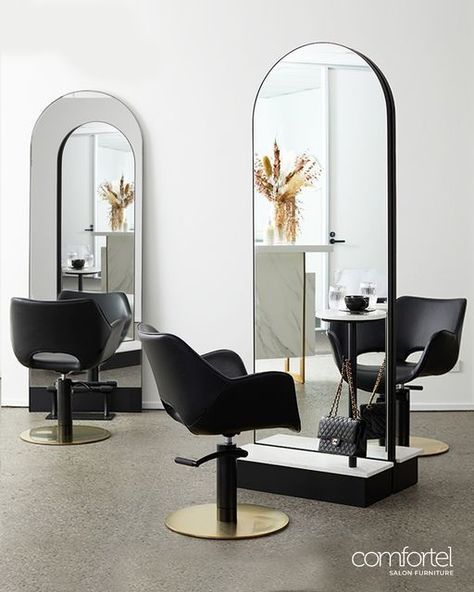 Comfortel Salon Furniture on Instagram: "NEW* Verona Grande Blanco ~ A tall arch #salonmirror that makes a statement to any #salonspace Options include a single, that leans against the wall, or a Double Freestanding Unit as pictured. Shop via the link in bio. . . . #comfortelVeronaGrande" Salon Mirror Ideas, Modern Salon Design, Makeup Room Design, Wall Mirror Ideas, Hair Salon Stations, Textures Wall, Salon Equipment Furniture, Wall Mirror Decor, Salon Design Ideas