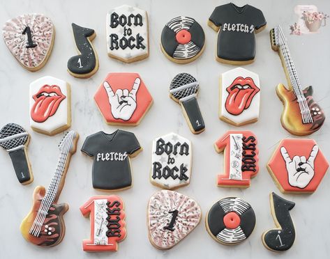 Born Two Rock Birthday Cookies, Rock And Roll Birthday Cookies, Another One Bites The Dust Birthday Cake, One Rocks First Birthday Cookies, Another 1 Bites The Dust Birthday, One Rocks Cookies, Rocker First Birthday, Rolling Stones Birthday Party, Rock N Roll Cookies