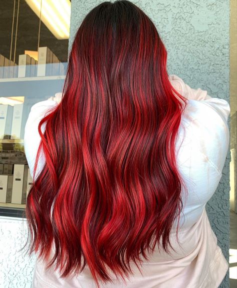 Neon red dimmensional balayge Brunette Red Balayage, Neon Red Hair, Brunette Red, Red Balayage, Neon Red, Red Hair Color, Red Hot, Red Hair, Balayage