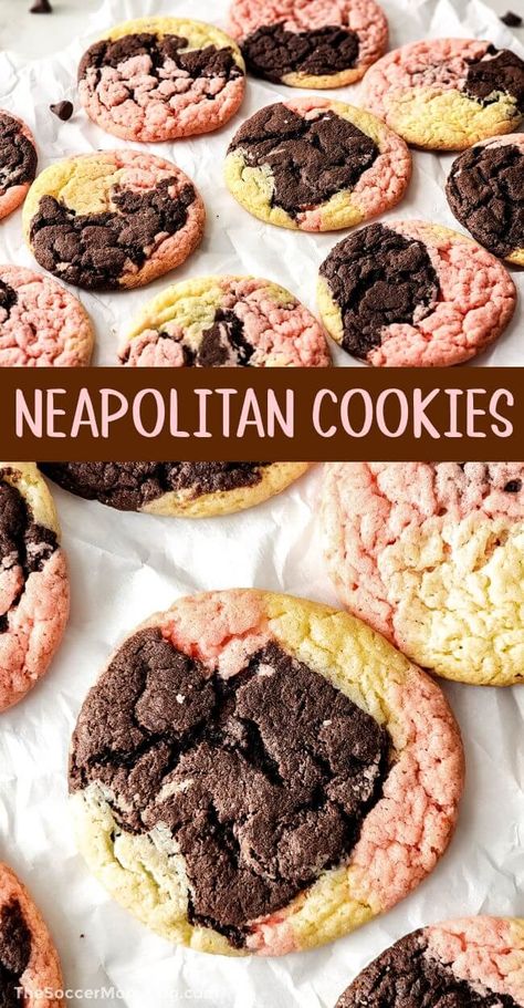 A taste of childhood nostalgia in every bite! These Neapolitan cookies feature three iconic flavors – chocolate, strawberry, and vanilla – rolled up and baked to perfection in a soft and chewy cookie. Whip up this classic recipe in 15 minutes! Neapolitan Cookies Recipe, Neapolitan Cookies, Strawberry Cake Mix Cookies, Decadent Food, Strawberry Cake Mix, Cake Mix Cookie Recipes, Creative Snacks, Vanilla Cake Mixes, White Cake Mixes