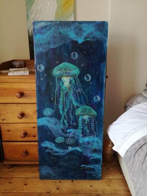 Jelly fish Jelly Fish Painting Ideas, Ocean Painting Ideas On Canvas, Jelly Fish Painting Acrylic, Painting Ideas Jellyfish, Jelly Fish Acrylic, Cool Stuff To Paint, Ocean Fish Painting, Stuff To Paint On A Canvas, Big Art Projects