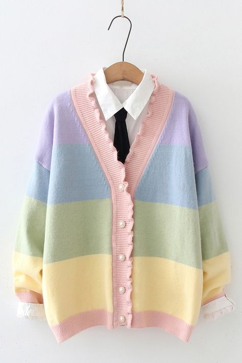 New Rainbow Stripe Wavy Fungus Lace V-neck Sweater sold by Harajuku fashion on Storenvy Rainbow Cardigan, Rainbow Sweater, Zooey Deschanel, Sweater Coat, Kawaii Clothes, Striped Cardigan, Harajuku Fashion, Dream Clothes, Kawaii Fashion