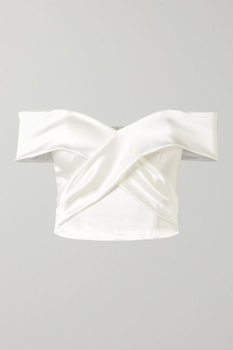 Halfpenny London Kelly Off-the-Shoulder Stretch-Duchesse Satin Bustier Top Satin Bustier Top, Sustainable Wedding Dress, Halfpenny London, Jimmy Choo Clutch, White Bustier, Charo Ruiz, Satin Bustier, Top Bustier, Wedding Day Jewelry