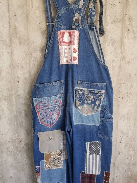 Women casually Denim overalls cotton jumpsuits bib loose | Etsy Overall With Patches, Patchwork Denim Overalls, Casual Cotton Overalls Upcycled, Rework Jeans, Patch Overalls, Vintage Cotton Overalls, Upcycled, Bib And Brace Overalls, Painted Overalls, Fairy Clothing