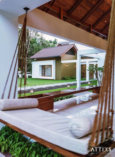 Sit Out Ideas House, Sit Out Ideas House Kerala, Kerala House, Seating Ideas, Kerala Houses, Sit Out, House Architecture, Porch Swing, Outdoor Bed