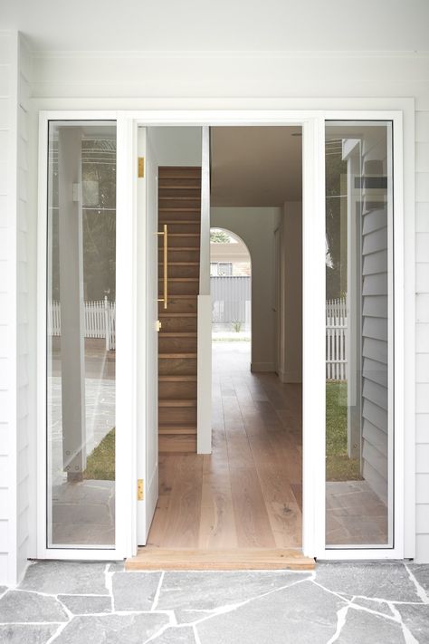 Blog — Adore Home Magazine Hamptons Front Door, Front Door Glass Panel, Beach House Front Door, Entry Tile, Entryway Decorating, White Front Door, Coastal Exterior, Home Entryway, Crazy Paving