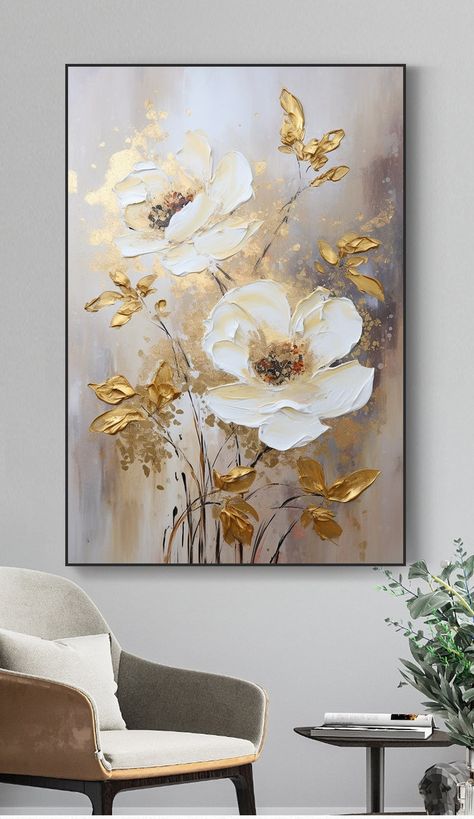 Floral Elegance: Light Gold Glitter Abstract Oil Painting Wall Art Digital Print - Etsy Denmark Gold Paint Art, White Gold Painting, Glitter Wall Art, Gold Abstract Painting, Gold Art Painting, Plaster Wall Art, Gold Painting, Abstract Floral Paintings, Abstract Floral Art