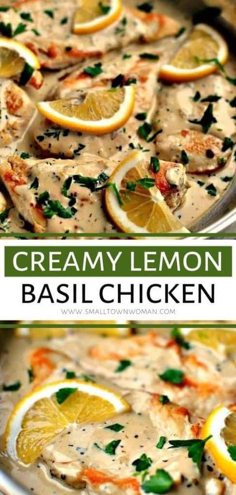 Delectable Creamy Lemon Basil Chicken perfect for weeknight meals but also special enough for a holiday or Thanksgiving dinner! It is made in one skillet and comes together quickly with only a few ingredients. Save this chicken recipe for later! Lemon Basil Chicken, Basil Recipes, One Skillet, Meat Dinners, Basil Chicken, Lemon Basil, Lemon Sauce, Skillet Chicken, Healthy Easy