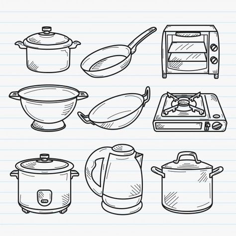 Kitchen handdrawn doodle illustration Pr... | Premium Vector #Freepik #vector #food #restaurant #cartoon #kitchen Drawing Of A Kitchen, Kitchen Sketch, Cartoon Kitchen Drawing, Kitchen Tools Drawing, Cooking Utensils Drawing, Utensils Drawing, Kitchen Vector Illustration, Doodle Art Kitchen Utensil, Kitchen Cartoon