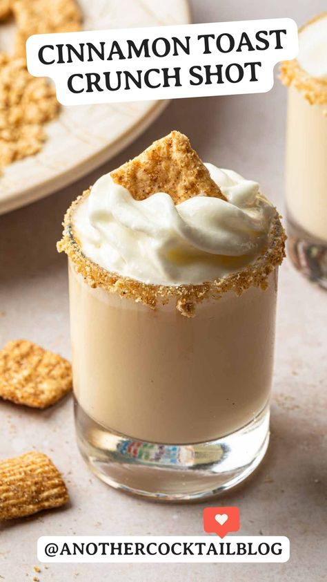 Made with RumChata cream liqueur and Fireball whiskey, this cinnamon toast crunch shot tastes just like a bowl of the popular breakfast cereal. Garnish with crushed cereal pieces and whipped cream to take this shot to a new level. Cinnamon Toast Crunch Pudding Shots, Cinnamon Toast Crunch Shots, Cinnamon Toast Crunch Shot, Fireball Whiskey, Pudding Shots, Cinnamon Toast Crunch, Cream Liqueur, Cinnamon Toast, Alcoholic Beverages