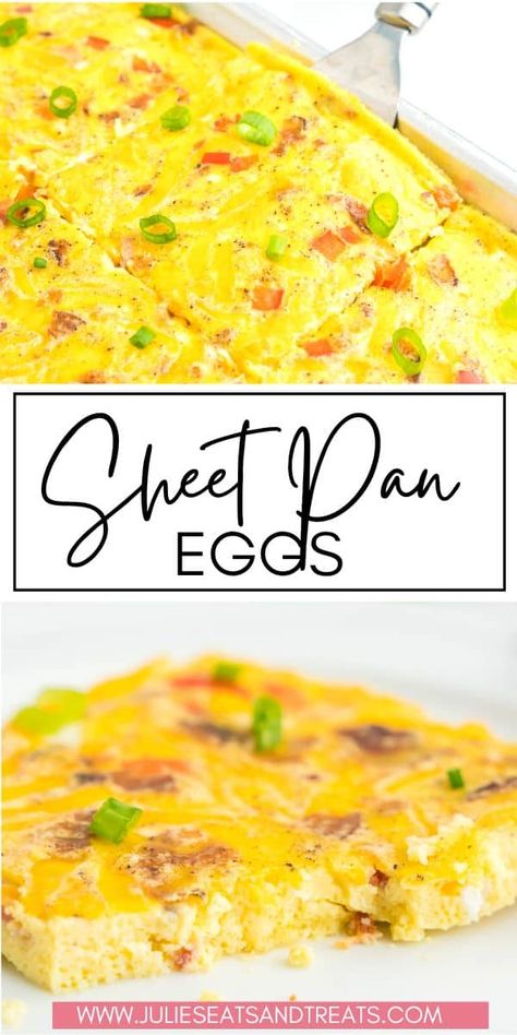 Hey, sheet pan dinner lovers! How about we switch things up with a breakfast version? Enter Sheet Pan Eggs - a super simple, yet tasty, breakfast that's a breeze to make, serve, and clean up. They're perfect for feeding a crowd or for meal prep. Plus, you can slice 'em up for scrumptious breakfast sandwiches. Give this recipe a shot, it's a real game-changer! Sheet Eggs In Oven, Sheet Pan Eggs In The Oven, Sheet Pan Eggs, Easy Breakfast Bake, Eggs In Oven, Egg Sandwich Breakfast, Egg Bites Recipe, Easy Breakfast Recipe, Make Clean