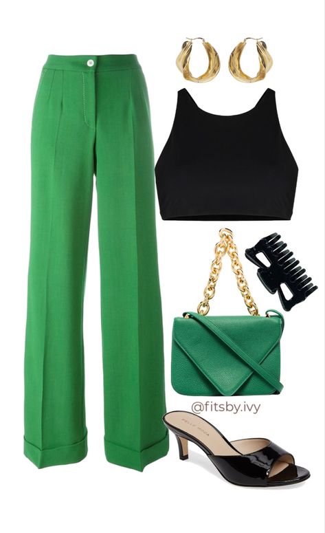 Pantalon Sastrero Outfit Noche, Green Pantalon Outfit, Green Palazzo Pants Outfit, Pallazo Outfits, Outfits Con Verde, Green Style Outfit, Outfits Verdes, Green Trousers Outfit, Green Fashion Outfits