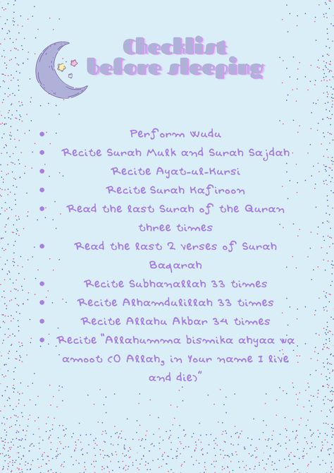 Islamic Self Care Checklist, Islam Night Routine, Duaa Before Sleeping, Islamic Things To Do, Islamic Night Routine, Friday Checklist Islam, Before Sleeping Islam, Islam Checklist, Islamic To Do List