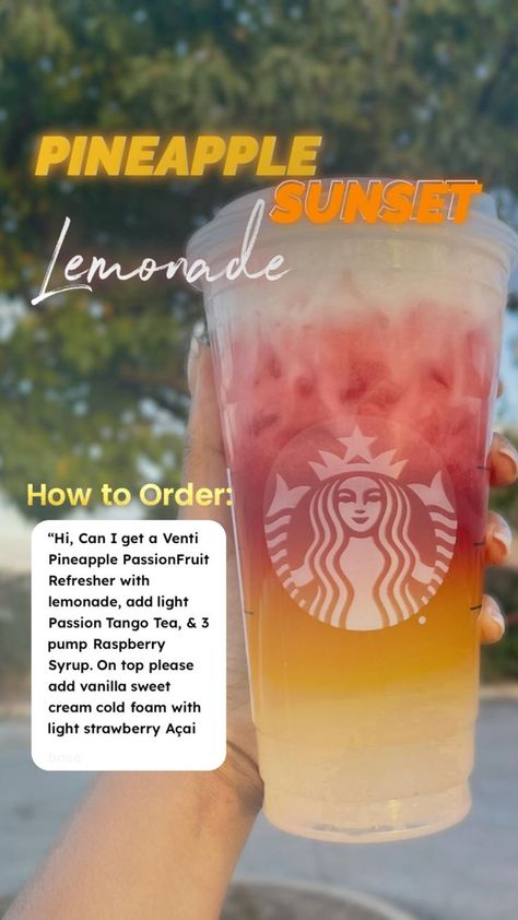 Strawberry Lemonade Starbucks, Starbucks Drinks Strawberry, Pineapple Passionfruit Refresher, Summer Drinks Starbucks, Sunset Lemonade, Vanilla Sweet Cream Cold Foam, Drinks Strawberry, Summer Coffee Drinks, Strawberry Purée