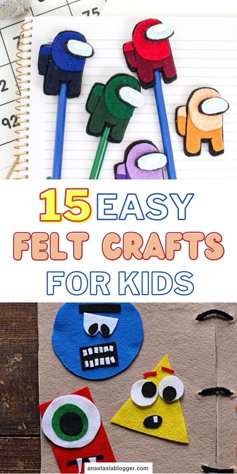 Felt is an easy medium for crafting for kids. With that said, here are 15 easy felt crafts for kids to enjoy! #feltcrafts #diyforkids #craftsforkids Felt Easy Crafts, Preschool Felt Crafts, Ideas For Felt Crafts, Easy Sewing Crafts For Kids, No Sew Kids Crafts, Felt Square Crafts Ideas, Felt Crafts For Toddlers, Felt Crafts Kids Easy, Felt Kids Crafts