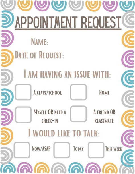 Are you a busy school social worker, counselor or therapist? Use this appointment form to have your student's fill out when they need to be seen by you! This is a handmade digital download PDF for educational/professional use ONLY. Please do not share my work with others. This download is in the form of a PDF so it is easy to print for us. Feel free to message with any questions! High School Social Work Office, Middle School Counseling Office, School Social Work Office, School Social Worker Office, Counselors Office, Social Work Offices, Social Workers Office, Counseling Office Decor, School Counseling Office