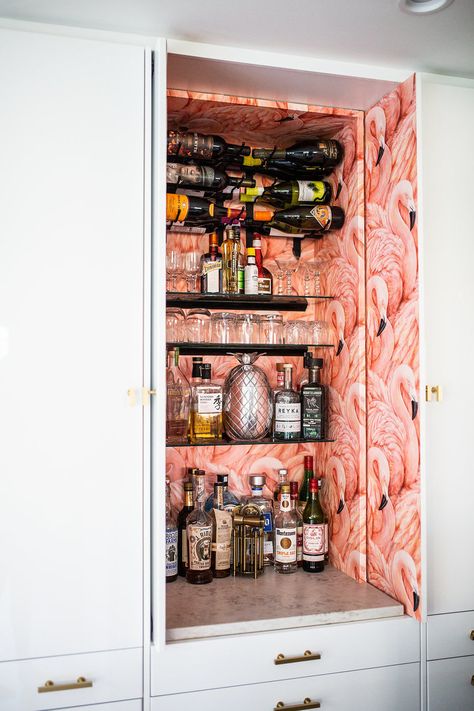 Wet Bar With Appliance Garage, Redo Pantry, Ikea Semihandmade, Small Built In Bar, Hidden Bar Cabinet, Small Home Bar, Semihandmade Kitchen, Built In Bar Cabinet, Small Home Bar Ideas