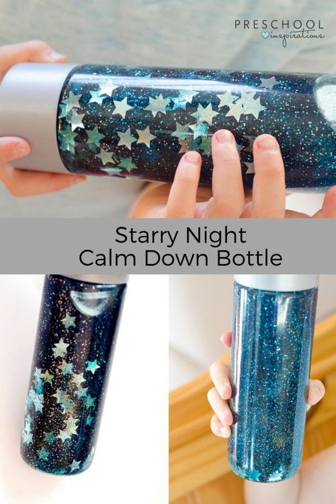 With only 3 ingredients, this is the easiest sensory bottle you'll ever make! Great for a space theme, galaxy theme, or anytime someone needs a sensory break. Calm down jars are a wonderful tool for self-regulation in preschoolers, kindergarteners, and older kids too! #preschool #sensory #sensorybottle #galaxy Day And Night Sensory Bottles, Star Sensory Bottle, Starry Night Craft Preschool, Galaxy Glitter Jar, Outer Space Sensory Bottles, Creation Sensory Bottles, Outer Space Theme Preschool Activities, Night Preschool Craft, Glitter Bottles For Kids