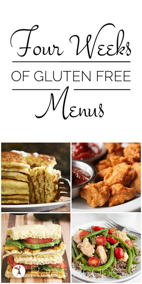 Four Weeks of Gluten Free Menus | RaiasRecipes.com More Gluten Free Menu Ideas, Menu Sans Gluten, Gluten Free Meal Plan, Ideas For Dinner, Going Gluten Free, Gluten Free Menu, Free Meal Plans, Gluten Free Recipes For Dinner, Gluten Free Dairy Free Recipes