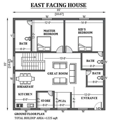 35'x35' East facing house plan as per Vastu shastra is given in this FREE 2D Autocad drawing file. The total built-up area of the plan is 1225sqft.download this 2D Autocad drawing file. Autocad 2d Plans House, 35×40 House Plan East Facing, 2d Autocad Plan, 35 X 35 House Plans, 2d Home Plan, Civil Plan Drawing, Autocad 2d Drawing Civil, 35×35 House Plan, 35×40 House Plan