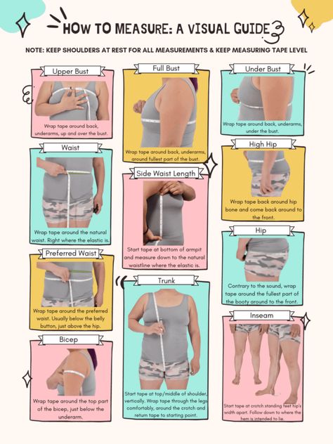 How To Measure Body Size, How To Measure Yourself For Clothes, How To Measure Waist, How To Properly Measure Yourself, How To Take Your Measurements, Clothing Size Chart Body Measurements, Where To Measure Yourself, How To Take Measurements For Women, Size Guide Clothing Measurement Chart