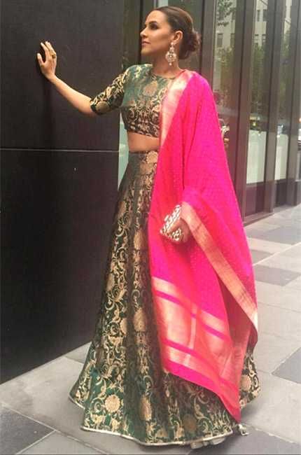 Neha-Dhupia-in-Payal-Singhal Silk Saree Dress Recycle, Banarsi Lehnga Designs, Brocade Lehenga Banarasi, Lehenga Without Dupatta, Green Banarasi Lehenga, Old Saree To New Dress, Dress From Old Saree, Benarasi Lehengas, Pink And Green Lehenga