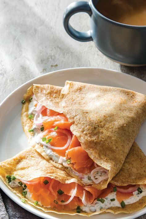 Loaded Bagel, Salmon Crepes, Homemade Brunch, Fancy Brunch, Pickled Shallots, Salmon Bagel, Brunch Inspiration, America's Test Kitchen Recipes, Salmon Dishes