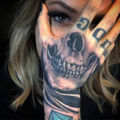 Hand Tattoo Cover Up, Skull Face Tattoo, Small Dope Tattoos, Hand Tattoo Designs, Skull Hand Tattoo, Waist Tattoos, Stencil Outline, M Tattoos, Finger Tattoo For Women