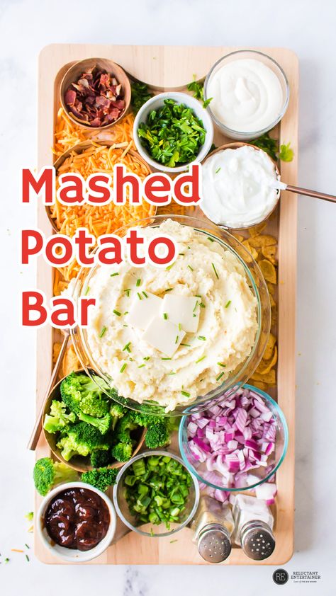 Mashed Potato Board, Mashed Potato Bar Ideas, Mashed Potato Bar Wedding, Potato Board, Potato Party, 6 Anniversary, Mashed Potato Bar, Most Pinned Recipes, Party Sides